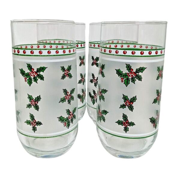 🎄🎅🏼Vintage Frosted Christmas Holly Glasses (Set of 4) Libbey - Picture 1 of 10
